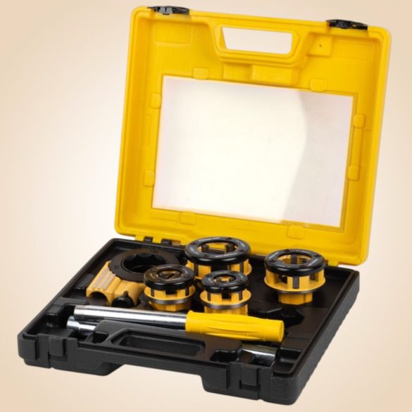 Kézi menetvágó készlet, Strend Pro RDS-8824, sárga/fekete, 4 db (1/2", 3/4", 1", 5/4") menetvágó fej, fogantyú, racsnis tokmány