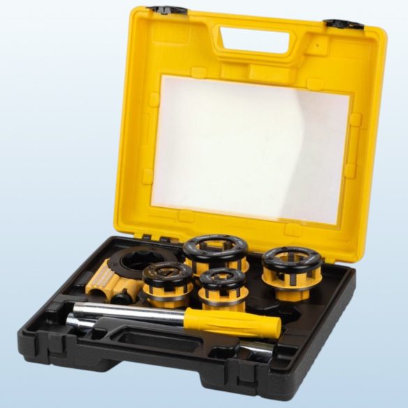 Kézi menetvágó készlet, Strend Pro RDS-8824, sárga/fekete, 4 db (1/2", 3/4", 1", 5/4") menetvágó fej, fogantyú, racsnis tokmány
