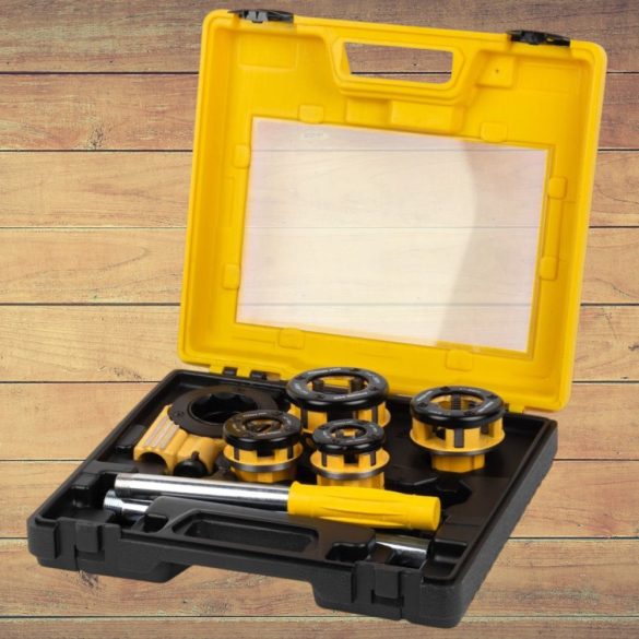 Kézi menetvágó készlet, Strend Pro RDS-8824, sárga/fekete, 4 db (1/2", 3/4", 1", 5/4") menetvágó fej, fogantyú, racsnis tokmány