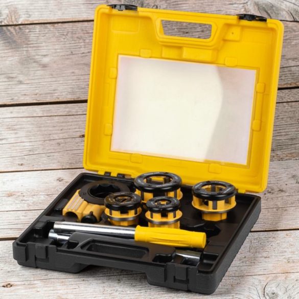 Kézi menetvágó készlet, Strend Pro RDS-8824, sárga/fekete, 4 db (1/2", 3/4", 1", 5/4") menetvágó fej, fogantyú, racsnis tokmány