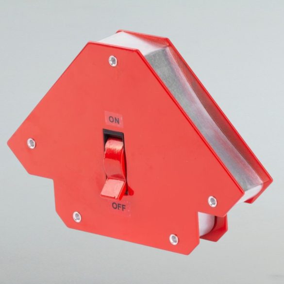 Hegesztő mágnes, Strend Pro QJ6008, piros, 12,7 x 12,7 cm, 25 kg teherbírás, kapcsolóval, 45° és 90° szögtartáshoz
