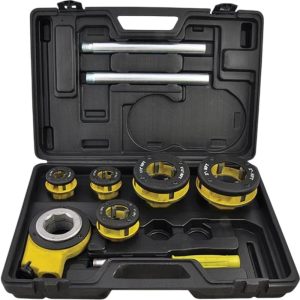 Kézi menetvágó készlet, Strend Pro RDS-8835, sárga/fekete, 5 db (1/2", 3/4", 1", 6/4", 2") menetvágó fej, fogantyú, racsnis tokmány