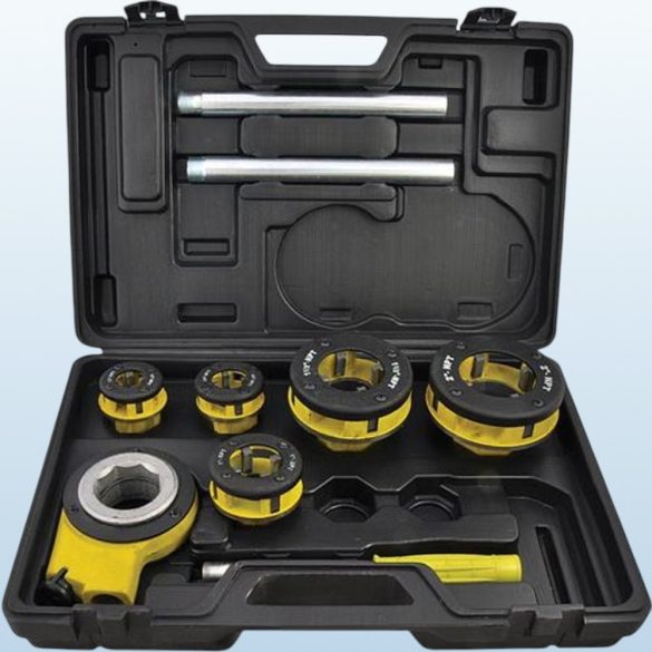 Kézi menetvágó készlet, Strend Pro RDS-8835, sárga/fekete, 5 db (1/2", 3/4", 1", 6/4", 2") menetvágó fej, fogantyú, racsnis tokmány