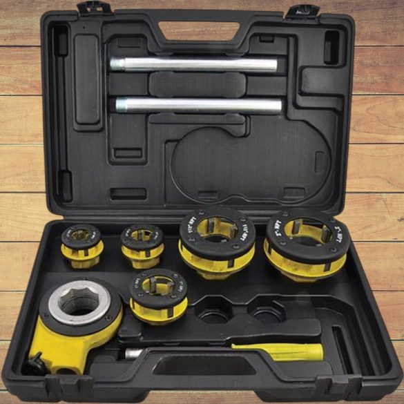 Kézi menetvágó készlet, Strend Pro RDS-8835, sárga/fekete, 5 db (1/2", 3/4", 1", 6/4", 2") menetvágó fej, fogantyú, racsnis tokmány