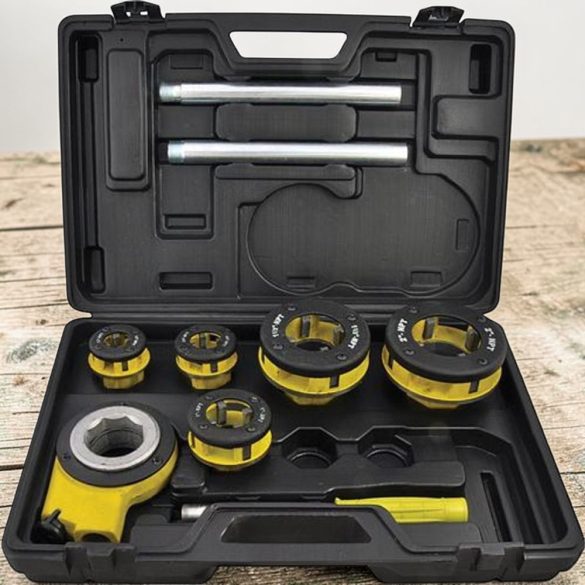 Kézi menetvágó készlet, Strend Pro RDS-8835, sárga/fekete, 5 db (1/2", 3/4", 1", 6/4", 2") menetvágó fej, fogantyú, racsnis tokmány