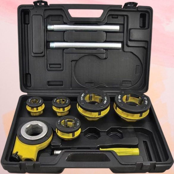 Kézi menetvágó készlet, Strend Pro RDS-8835, sárga/fekete, 5 db (1/2", 3/4", 1", 6/4", 2") menetvágó fej, fogantyú, racsnis tokmány