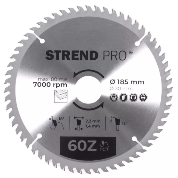 Körfűrészlap, Strend Pro, 185 × 2,2 × 30/20 mm, 60 db SK fog, hangtompító és tágulási hornyokkal, puhafához, keményfához, OSB, MDF, furatszűkítővel