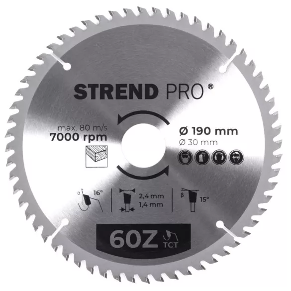 Körfűrészlap, Strend Pro, 190 × 2,4 × 30/20 mm, 60 db SK fog, hangtompító és tágulási hornyokkal, puhafához, keményfához, OSB, MDF, furatszűkítővel