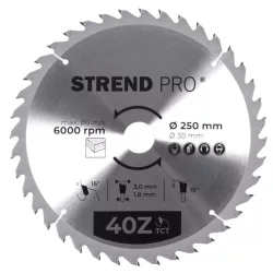  Körfűrészlap, Strend Pro, 250 × 3,0 × 30/20 mm, 40 db SK fog, hangtompító és tágulási hornyokkal, puhafához, keményfához, OSB, MDF, furatszűkítővel