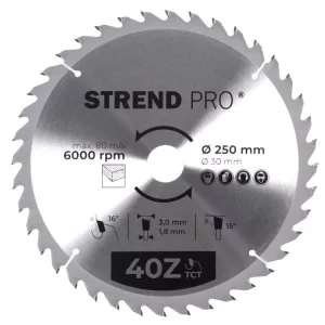 Körfűrészlap, Strend Pro, 250 × 3,0 × 30/20 mm, 40 db SK fog, hangtompító és tágulási hornyokkal, puhafához, keményfához, OSB, MDF, furatszűkítővel