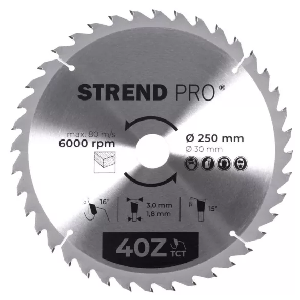 Körfűrészlap, Strend Pro, 250 × 3,0 × 30/20 mm, 40 db SK fog, hangtompító és tágulási hornyokkal, puhafához, keményfához, OSB, MDF, furatszűkítővel