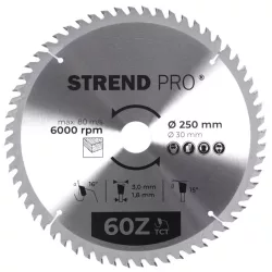   Körfűrészlap, Strend Pro, 250 × 3,0 × 30/20 mm, 60 db SK fog, hangtompító és tágulási hornyokkal, puhafához, keményfához, OSB, MDF, furatszűkítővel