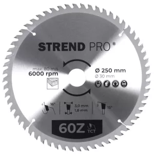 Körfűrészlap, Strend Pro, 250 × 3,0 × 30/20 mm, 60 db SK fog, hangtompító és tágulási hornyokkal, puhafához, keményfához, OSB, MDF, furatszűkítővel