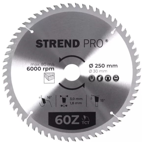 Körfűrészlap, Strend Pro, 250 × 3,0 × 30/20 mm, 60 db SK fog, hangtompító és tágulási hornyokkal, puhafához, keményfához, OSB, MDF, furatszűkítővel