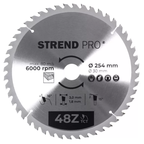 Körfűrészlap, Strend Pro, 254 × 3,0 × 30/20 mm, 48 db SK fog, hangtompító és tágulási hornyokkal, puhafához, keményfához, OSB, MDF, furatszűkítővel