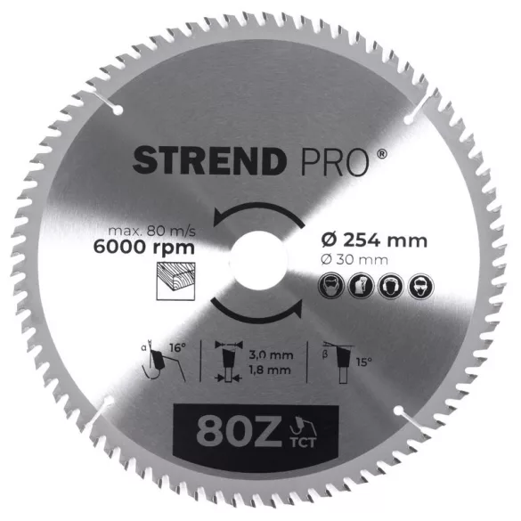 Körfűrészlap, Strend Pro, 254 × 3,0 × 30/20 mm, 80 db SK fog, hangtompító és tágulási hornyokkal, puhafához, keményfához, OSB, MDF, furatszűkítővel