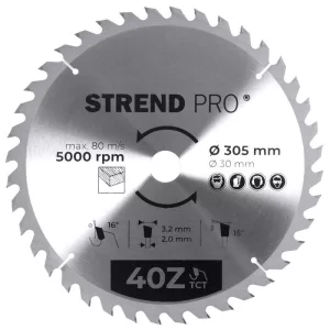 Körfűrészlap, Strend Pro, 305 × 3,2 × 30/20 mm, 40 db SK fog, hangtompító és tágulási hornyokkal, puhafához, keményfához, OSB, MDF, furatszűkítővel
