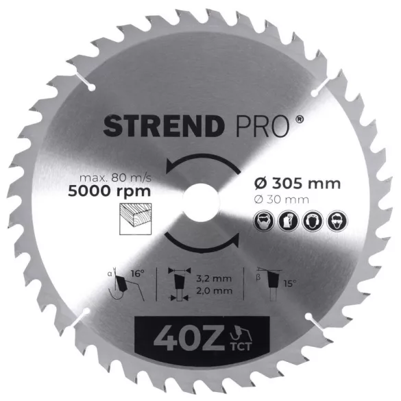 Körfűrészlap, Strend Pro, 305 × 3,2 × 30/20 mm, 40 db SK fog, hangtompító és tágulási hornyokkal, puhafához, keményfához, OSB, MDF, furatszűkítővel
