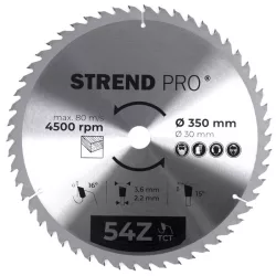   Körfűrészlap, Strend Pro, 350 × 3,6 × 30/16 mm, 54 db SK fog, hangtompító és tágulási hornyokkal, puhafához, keményfához, OSB, MDF, furatszűkítővel