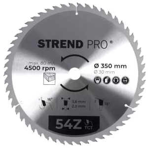 Körfűrészlap, Strend Pro, 350 × 3,6 × 30/16 mm, 54 db SK fog, hangtompító és tágulási hornyokkal, puhafához, keményfához, OSB, MDF, furatszűkítővel