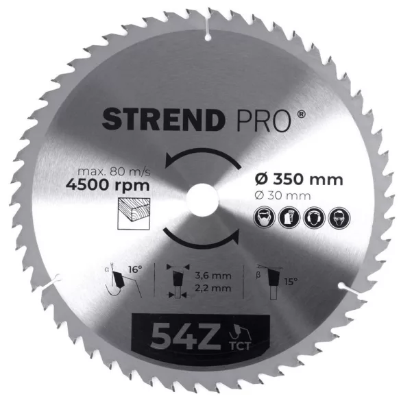 Körfűrészlap, Strend Pro, 350 × 3,6 × 30/16 mm, 54 db SK fog, hangtompító és tágulási hornyokkal, puhafához, keményfához, OSB, MDF, furatszűkítővel