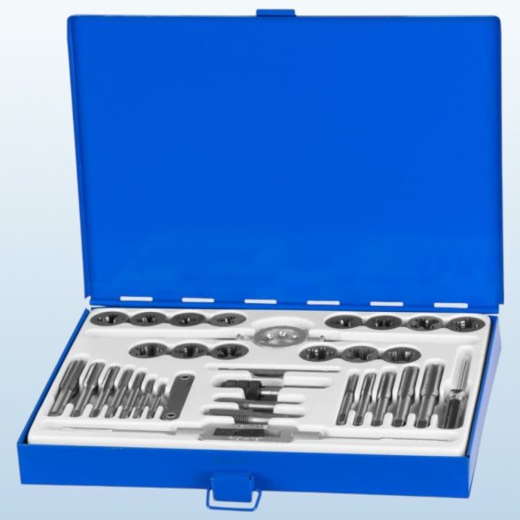 Menetfúró és menetmetsző készlet, Strend Pro SX1436, kék, 33 db, HSS acél, M3–M12 metrikus menetméretek, 1/4"-1/2" UNC menetméretek, 1/8"-1/4" BSP menetméretek