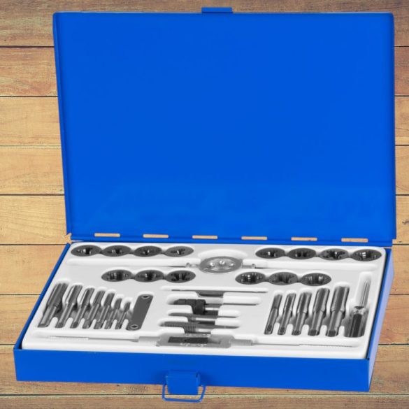 Menetfúró és menetmetsző készlet, Strend Pro SX1436, kék, 33 db, HSS acél, M3–M12 metrikus menetméretek, 1/4"-1/2" UNC menetméretek, 1/8"-1/4" BSP menetméretek