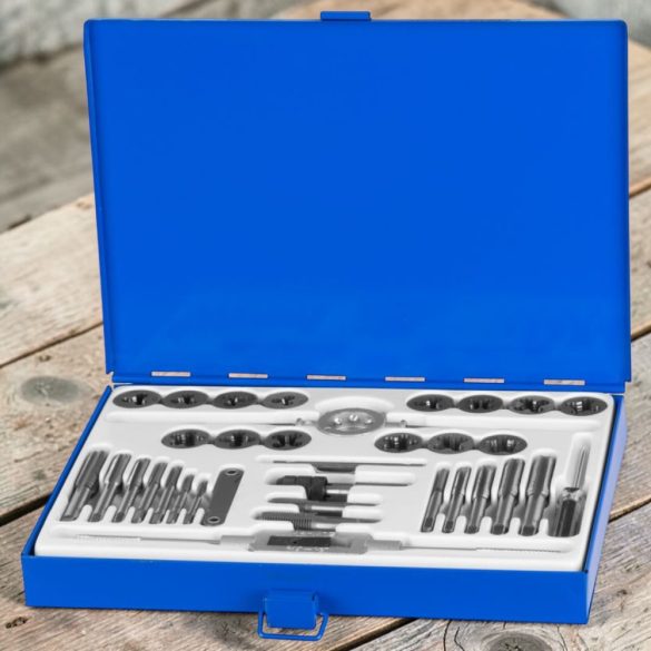 Menetfúró és menetmetsző készlet, Strend Pro SX1436, kék, 33 db, HSS acél, M3–M12 metrikus menetméretek, 1/4"-1/2" UNC menetméretek, 1/8"-1/4" BSP menetméretek