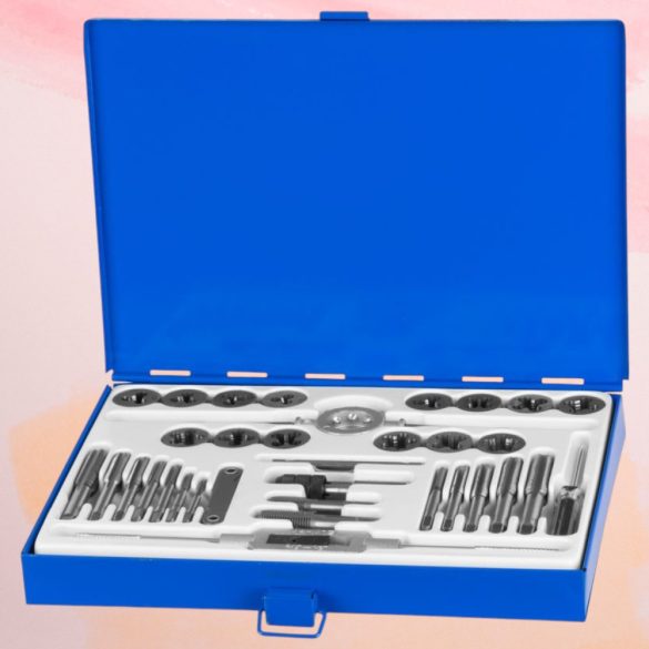 Menetfúró és menetmetsző készlet, Strend Pro SX1436, kék, 33 db, HSS acél, M3–M12 metrikus menetméretek, 1/4"-1/2" UNC menetméretek, 1/8"-1/4" BSP menetméretek