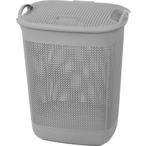 Szennyeskosár, Strend Pro, szürke, műanyag, 37 × 44,5 × 56 cm, fedeles, perforált, fogantyúkkal