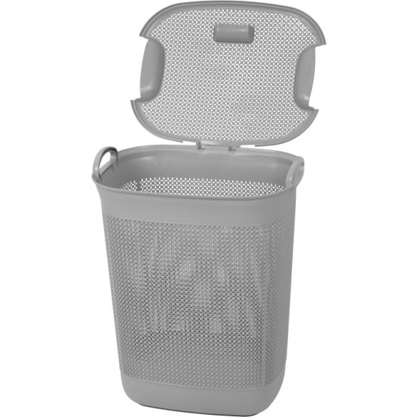 Szennyeskosár, Strend Pro, szürke, műanyag, 37 × 44,5 × 56 cm, fedeles, perforált, fogantyúkkal