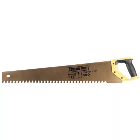 Kézifűrész, Strend Pro PSW-777, arany/sárga, 700 mm, 34 keményfém fog, acél penge, zárt műanyag markolat, pórusbetonhoz