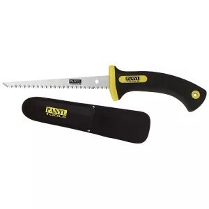 Kézifűrész, Strend Pro PYSW12-BD, fekete, 150 mm, acél penge, nyitott műanyag/gumi markolat, tokkal, kétirányú vágás, gipszkartonhoz