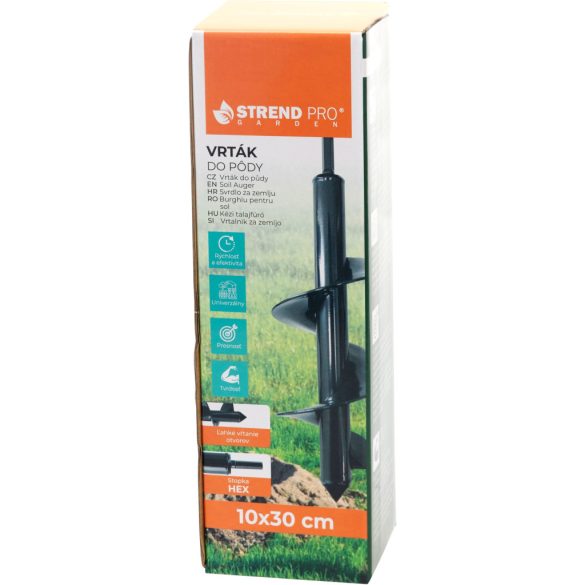 Földfúrószár, Strend Pro Garden, fekete, 10 x 30 cm, szénacél, hatszögletű (HEX) szár, csavarbehajtóhoz és fúróhoz, 100 mm spirál