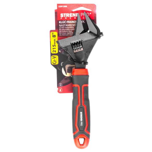 Franciakulcs, Strend Pro Premium ComfortGrip DL26001, fekete/piros, fej: 40 mm, teljes hossz: 215 mm, állítható, Cr-V