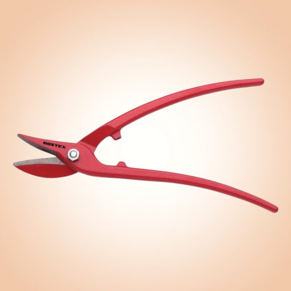 Lemezvágó olló, Rostex 2344, piros, 250 mm, acél test, acél penge, fémlemezhez, maximum 10 mm átmérő