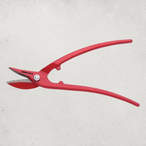 Lemezvágó olló, Rostex 2344, piros, 250 mm, acél test, acél penge, fémlemezhez, maximum 10 mm átmérő
