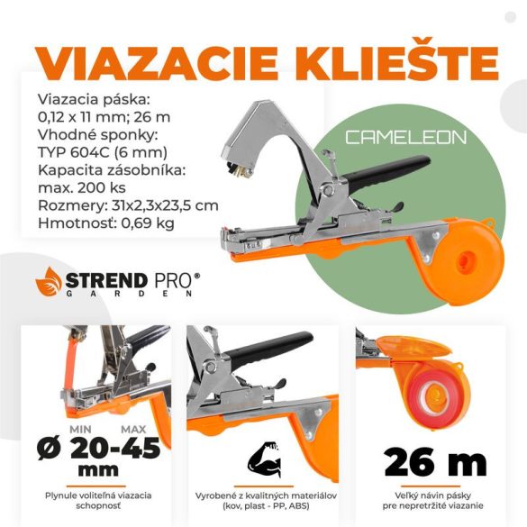 Kötözőfogó, Strend Pro Garden Cameleon SP500, szürke, acél fej, műanyag tárolórész