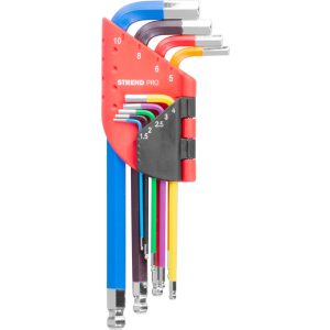 Imbuszkulcs készlet, Strend Pro, színes, 9 részes, 1,5 – 10 mm, Cr-V, gömbfejes, színkódolt