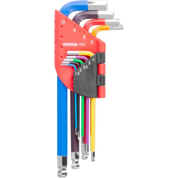 Imbuszkulcs készlet, Strend Pro, színes, 9 részes, 1,5 – 10 mm, Cr-V, gömbfejes, színkódolt