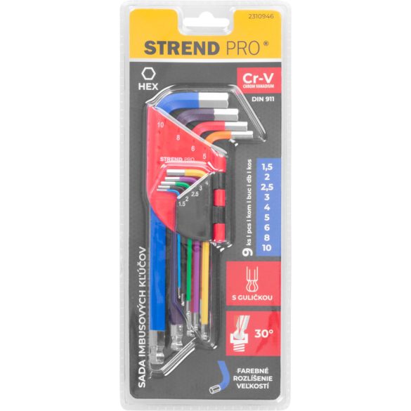 Imbuszkulcs készlet, Strend Pro, színes, 9 részes, 1,5 – 10 mm, Cr-V, gömbfejes, színkódolt