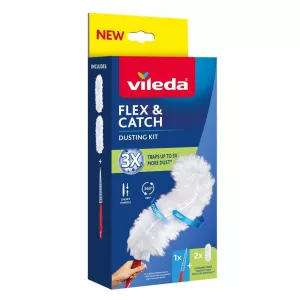 Portörlő, Vileda Flex&Catch, fehér, rövid nyéllel, 2 db pótszállal, flexibilis fej, 360°-os szálborítás, puha bolyhos szálak