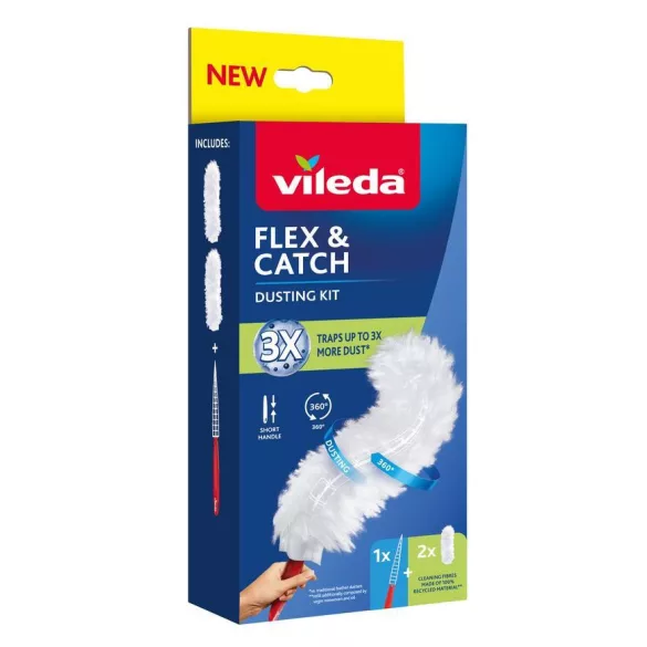 Portörlő, Vileda Flex&Catch, fehér, rövid nyéllel, 2 db pótszállal, flexibilis fej, 360°-os szálborítás, puha bolyhos szálak