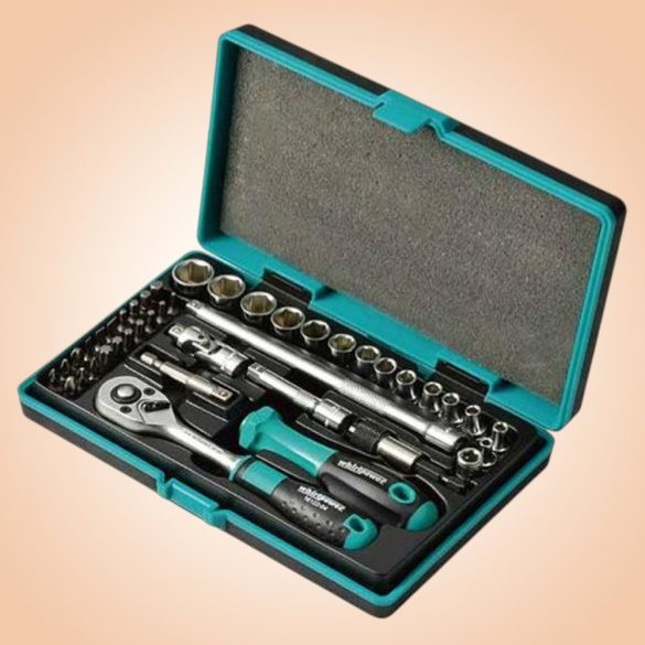 Dugókulcs-készlet, Whirlpower 1612-1542S, fekete doboz, 42 részes, 1/4", Cr-V, racsnis