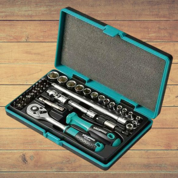 Dugókulcs-készlet, Whirlpower 1612-1542S, fekete doboz, 42 részes, 1/4", Cr-V, racsnis