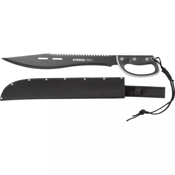 Bozótvágó kés, Strend Pro Garden Tactical, fekete, 61 cm/45 cm pengehossz, fűrészfogakkal, acél penge, kézvédővel, övhurokkal