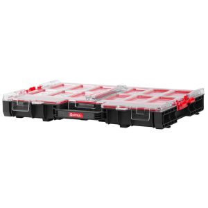 Rendszerező koffer, Qbrick Patrol System One Organizer L, 53,1 × 37,9 × 7,7 cm, fekete, 6 l, 12 rekesz, víz- és porálló tömítés, moduláris, könnyű hozzáférés, átlátszó fedél