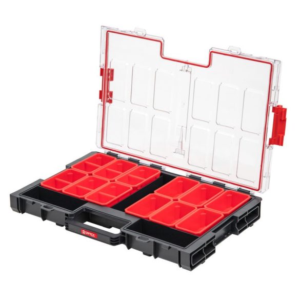 Rendszerező koffer, Qbrick Patrol System One Organizer L, 53,1 × 37,9 × 7,7 cm, fekete, 6 l, 12 rekesz, víz- és porálló tömítés, moduláris, könnyű hozzáférés, átlátszó fedél