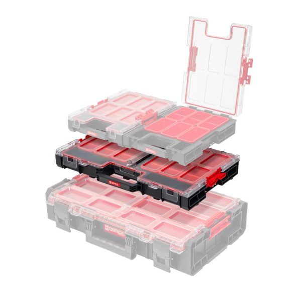 Rendszerező koffer, Qbrick Patrol System One Organizer L, 53,1 × 37,9 × 7,7 cm, fekete, 6 l, 12 rekesz, víz- és porálló tömítés, moduláris, könnyű hozzáférés, átlátszó fedél
