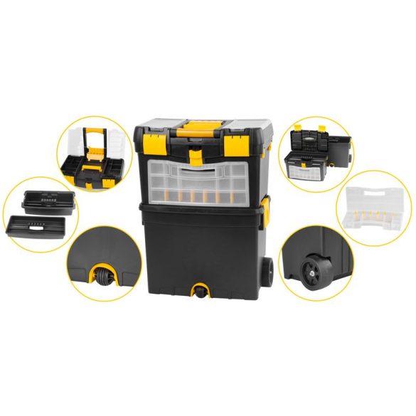 Szerszámosláda, Strend Pro TBx3042, 45 x 25 x 60 cm, fekete, kerekes, fogantyúval, átlátszó fedél, többfunkciós, 25 kg teherbírás